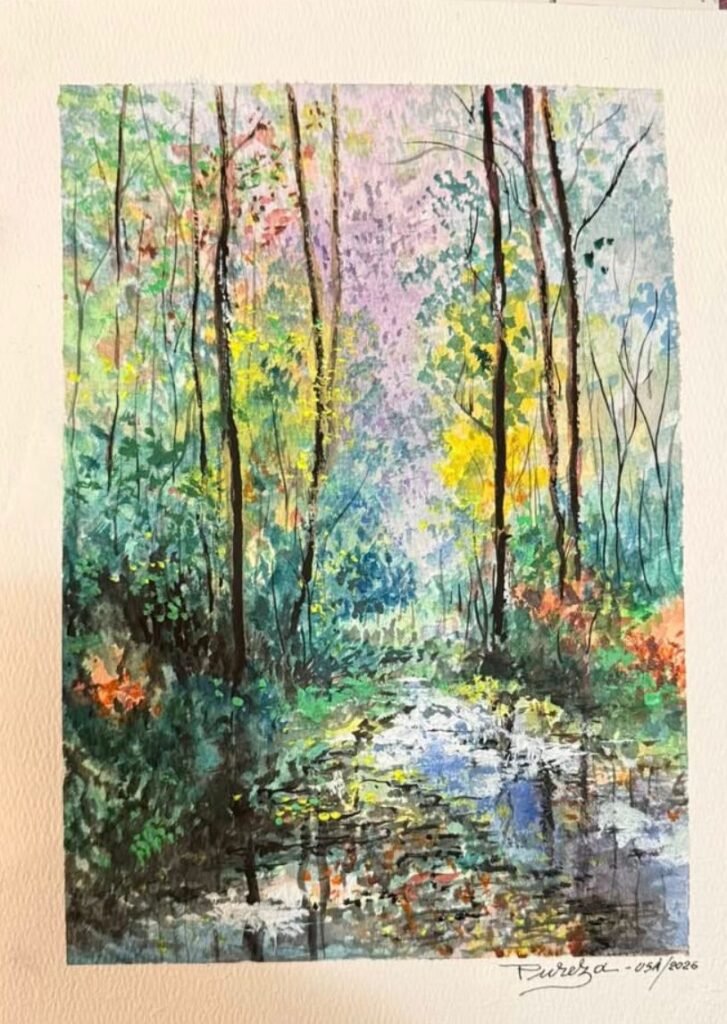 Pintura óleo em tela retratando a natureza em tons aquarelados.