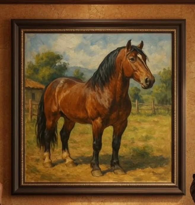 Pintura óleo em tela retratando a figura de um cavalo de pelagem castanha.
