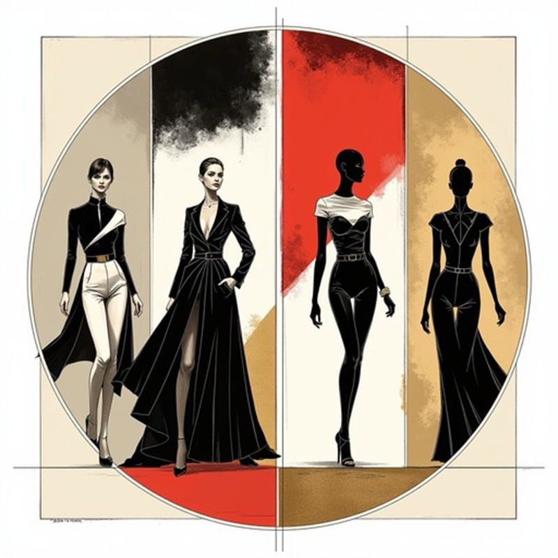 Ilustração de moda com quatro modelos em preto e branco sobre fundo dividido em bege, vermelho e dourado