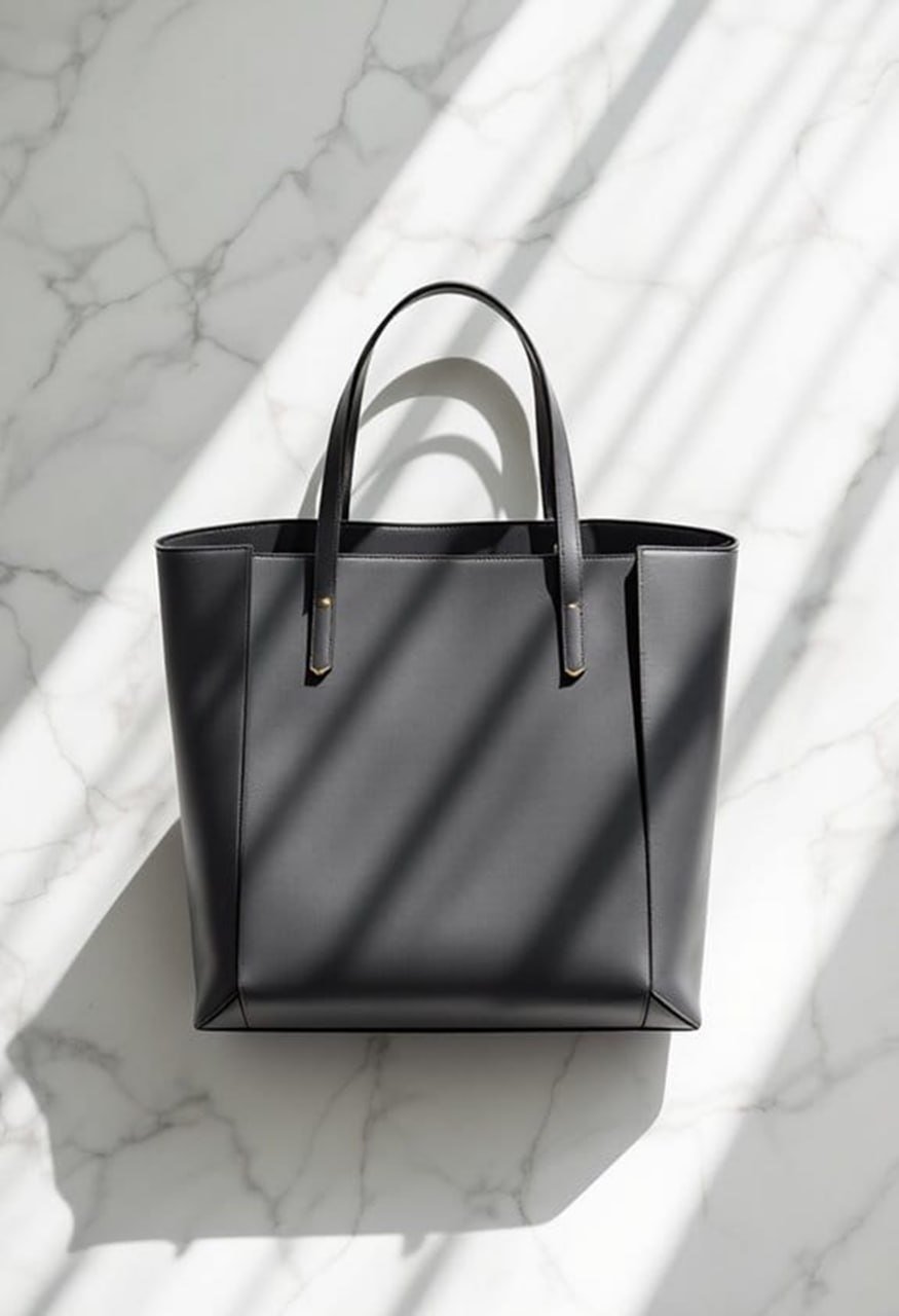 Bolsa tote de couro preto sobre mármore branco, com sombras diagonais de sol