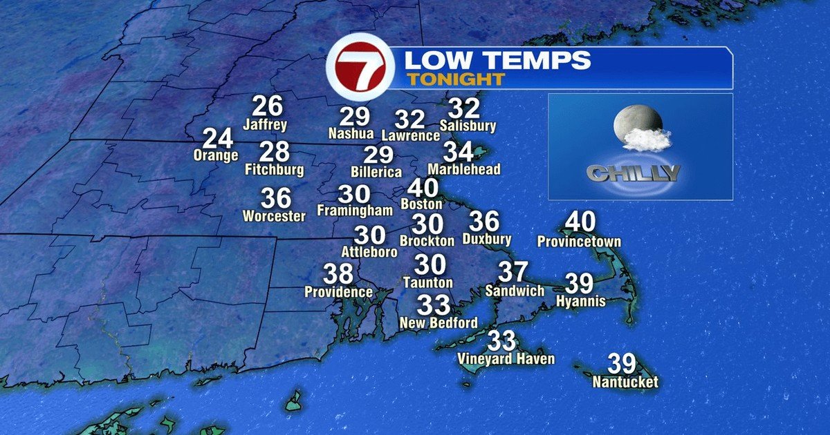 Mapa da 7News Boston com as temperaturas mínimas previstas para a noite desta terça-feira em Massachusetts