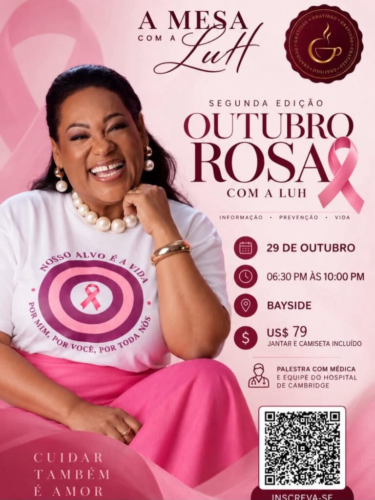 Cartaz do Outubro Rosa com a Luh, em 29 de outubro, com camiseta rosa e a frase Nosso alvo é a vida