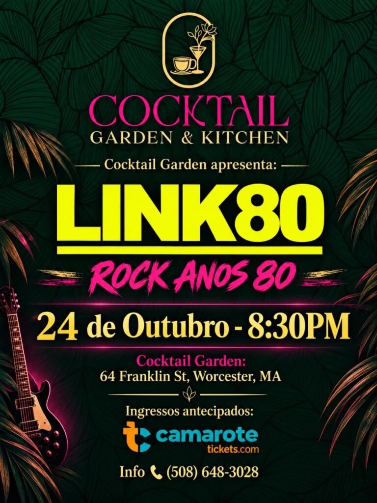 Cartaz do show da banda LINK80 no Cocktail Garden, em Worcester, com rock dos anos 80