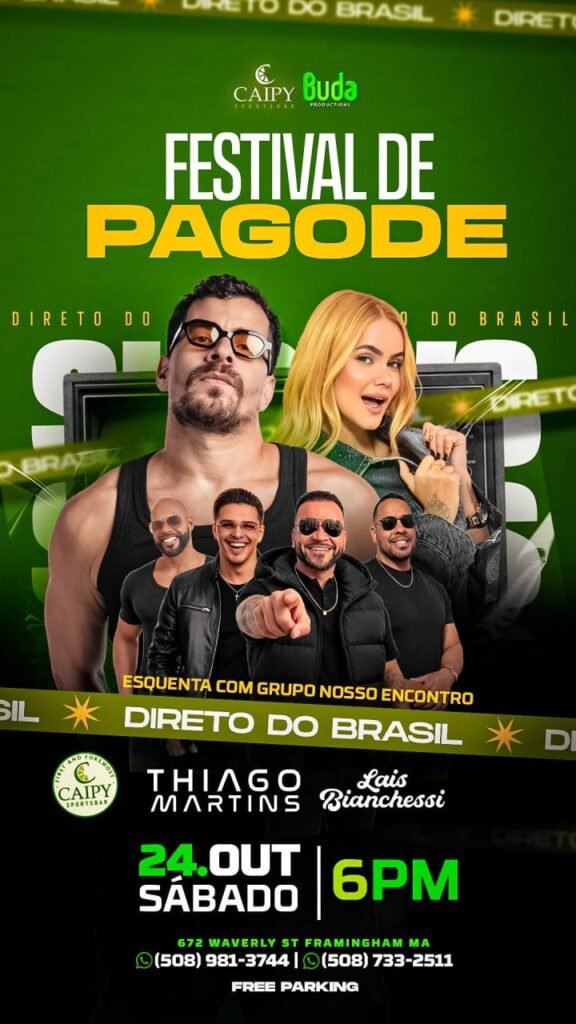 Cartaz do Festival de Pagode com Thiago Martins e Grupo Nosso Encontro, em Framingham